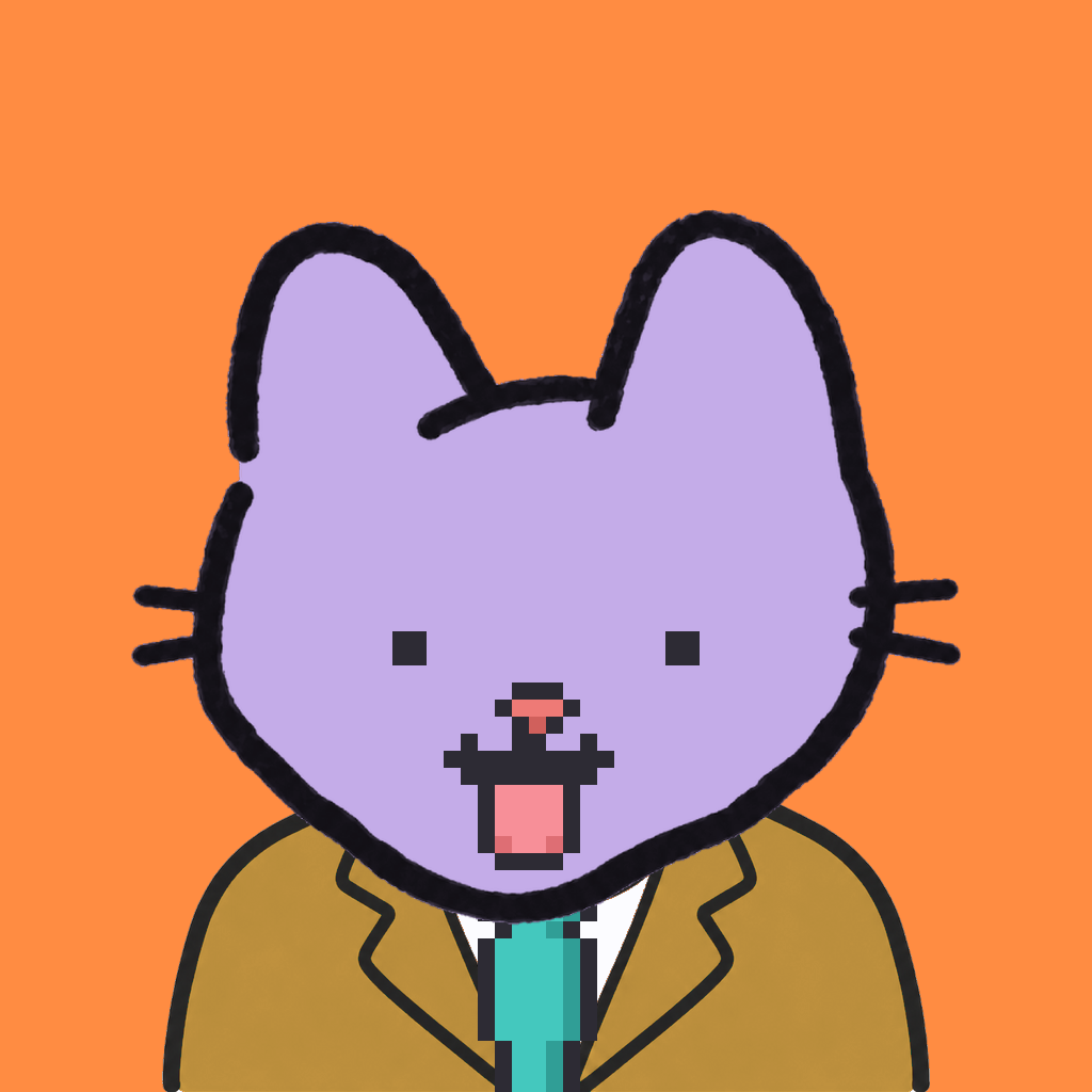 Employee #2086 — a lavender cat, in a mustard suit, with a teal tie, on tangerine