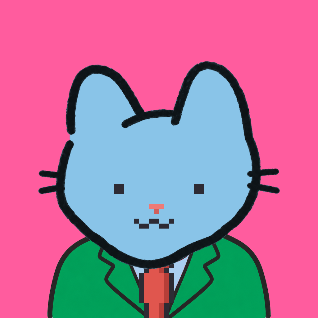 Employee #2087 — a sky cat, in a green suit, with a red tie, on hot pink
