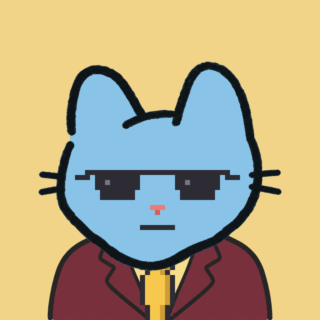 Employee #2088 — a sky cat, in a burgundy suit, with a gold tie, wearing shades glasses, on butter