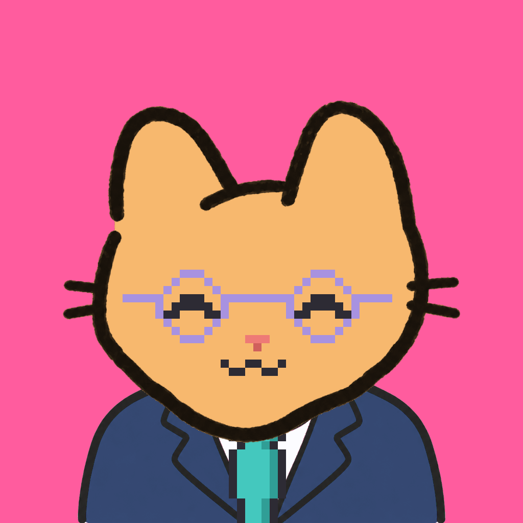 Employee #2089 — a tabby cat, in a navy suit, with a teal tie, wearing round-lavender glasses, on hot pink