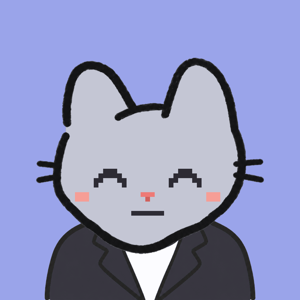 Employee #0209 — a gray cat, in a black suit, on periwinkle