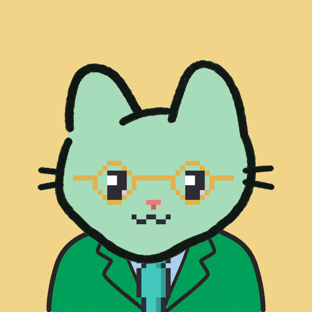 Employee #2090 — a mint cat, in a green suit, with a teal tie, wearing round-gold glasses, on butter