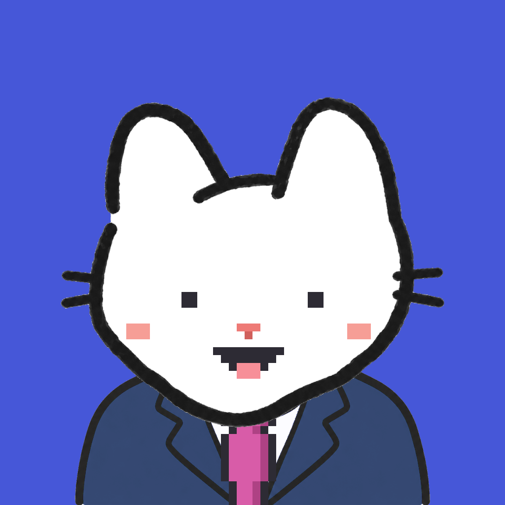 Employee #2091 — a white cat, in a navy suit, with a magenta tie, on royal