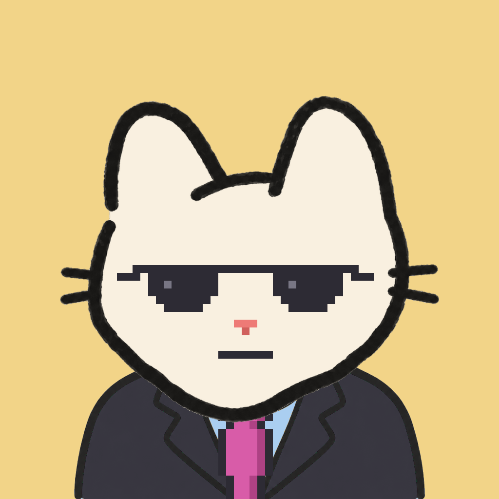 Employee #2092 — a cream cat, in a black suit, with a magenta tie, wearing shades glasses, on butter