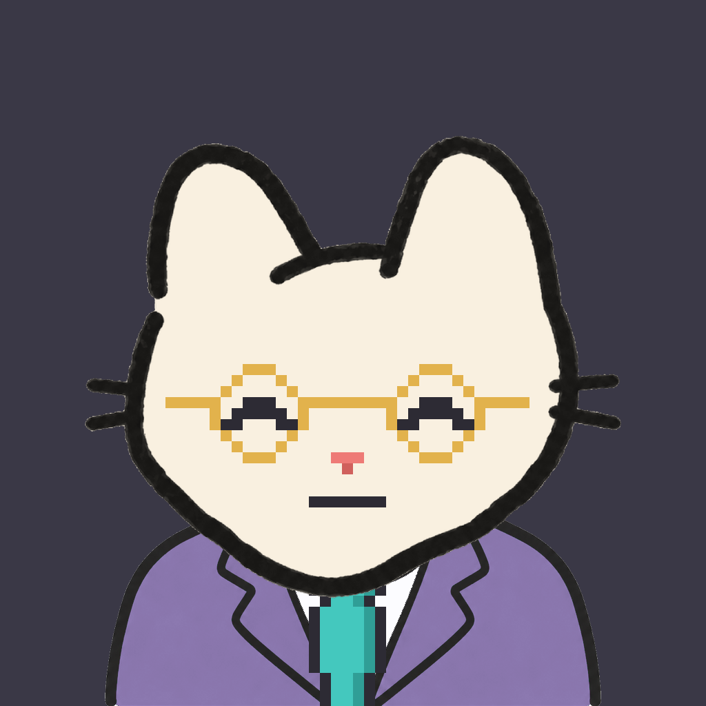 Employee #2095 — a cream cat, in a lavender suit, with a teal tie, wearing round-gold glasses, on charcoal