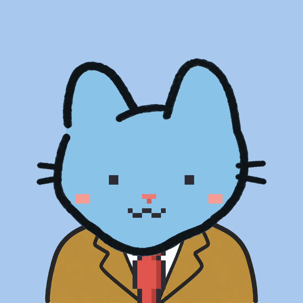 Employee #2096 — a sky cat, in a mustard suit, with a red tie, on sky