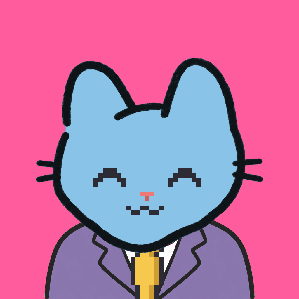 Employee #2097 — a sky cat, in a lavender suit, with a gold tie, on hot pink