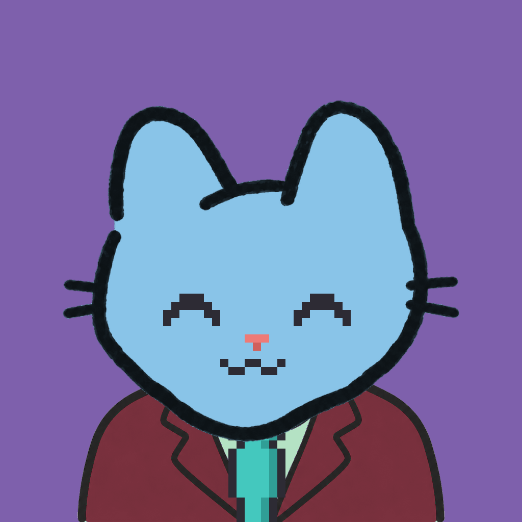 Employee #2098 — a sky cat, in a burgundy suit, with a teal tie, on plasma violet