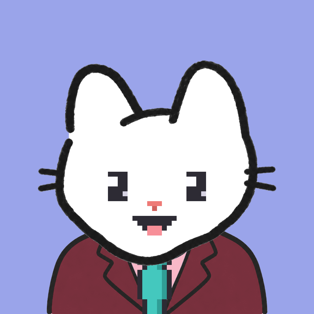 Employee #2099 — a white cat, in a burgundy suit, with a teal tie, on periwinkle