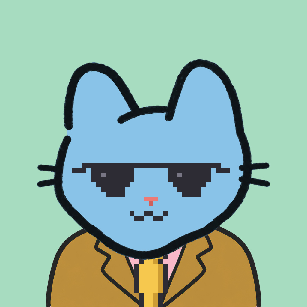 Employee #0021 — a sky cat, in a mustard suit, with a gold tie, wearing shades glasses, on mint