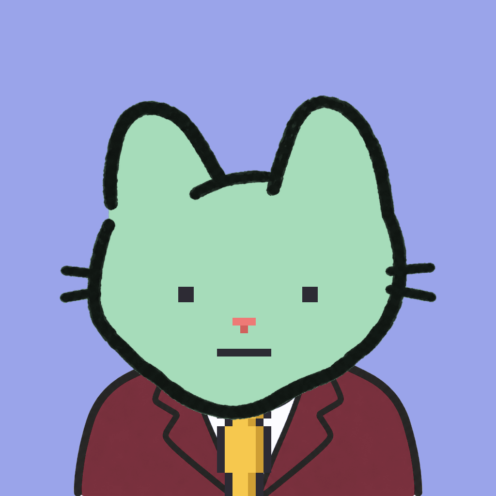 Employee #0210 — a mint cat, in a burgundy suit, with a gold tie, on periwinkle