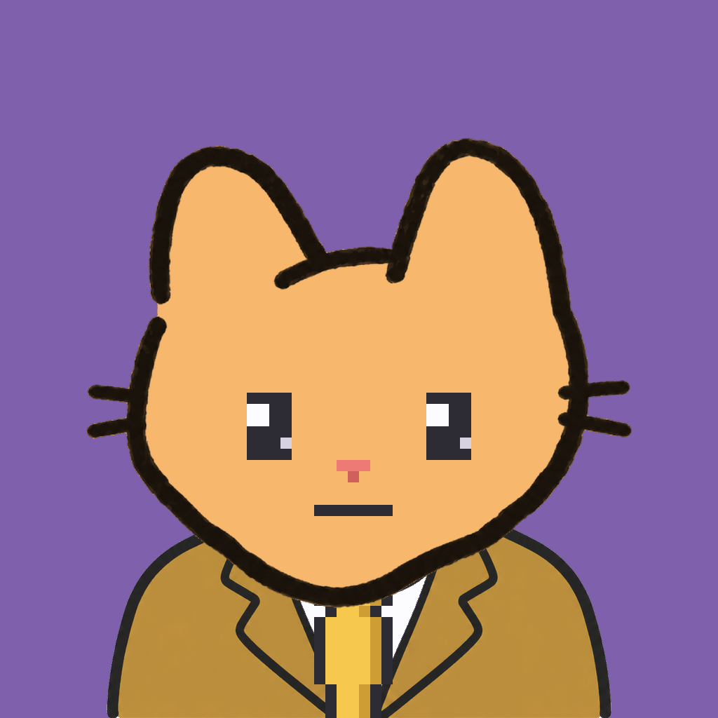 Employee #2100 — a tabby cat, in a mustard suit, with a gold tie, on plasma violet