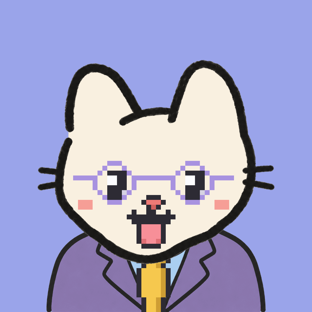 Employee #2101 — a cream cat, in a lavender suit, with a gold tie, wearing round-lavender glasses, on periwinkle