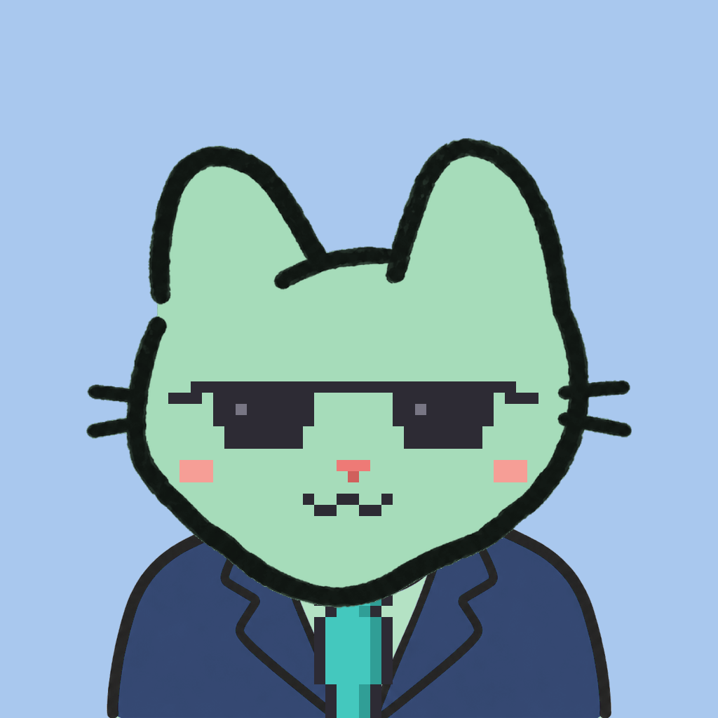 Employee #2102 — a mint cat, in a navy suit, with a teal tie, wearing shades glasses, on sky
