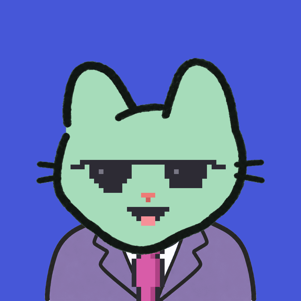 Employee #2103 — a mint cat, in a lavender suit, with a magenta tie, wearing shades glasses, on royal