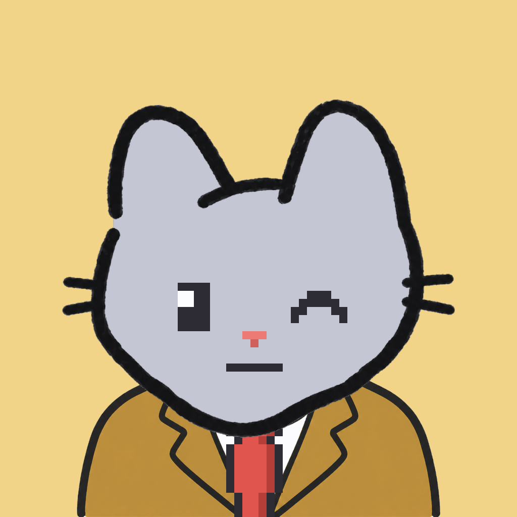 Employee #2104 — a gray cat, in a mustard suit, with a red tie, on butter
