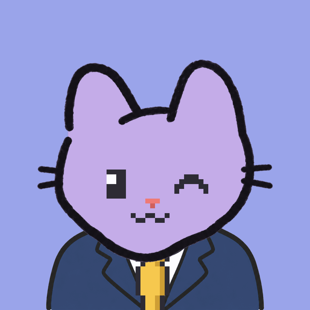 Employee #2105 — a lavender cat, in a navy suit, with a gold tie, on periwinkle