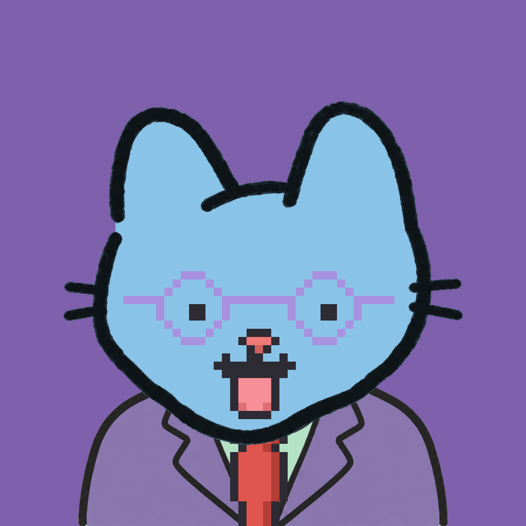 Employee #2106 — a sky cat, in a lavender suit, with a red tie, wearing round-lavender glasses, on plasma violet