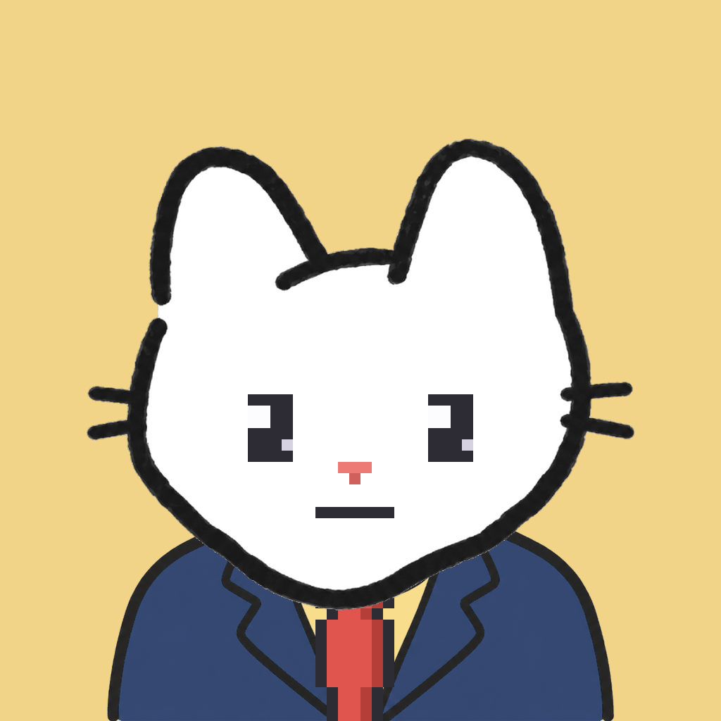 Employee #2107 — a white cat, in a navy suit, with a red tie, on butter