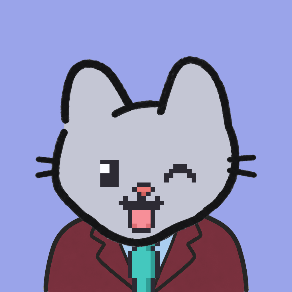 Employee #2108 — a gray cat, in a burgundy suit, with a teal tie, on periwinkle