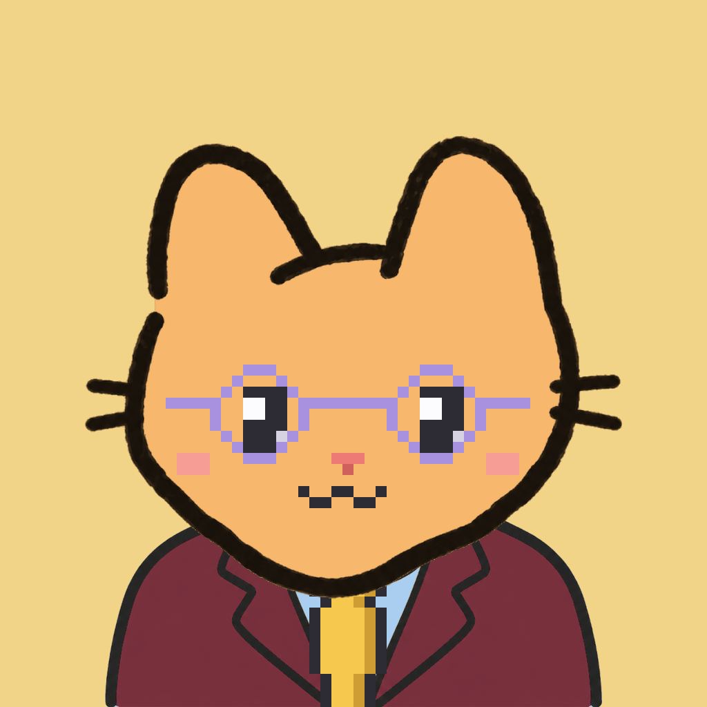 Employee #2109 — a tabby cat, in a burgundy suit, with a gold tie, wearing round-lavender glasses, on butter