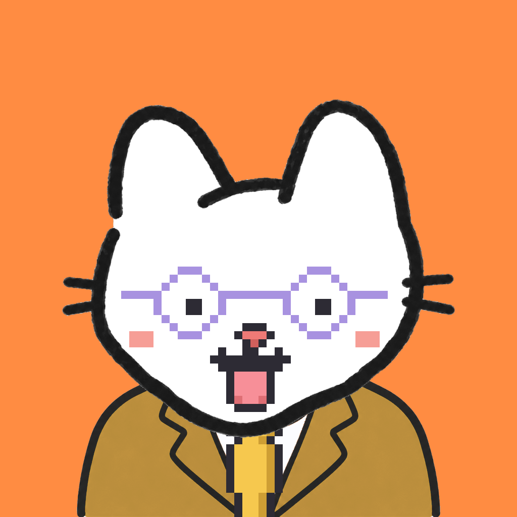 Employee #0211 — a white cat, in a mustard suit, with a gold tie, wearing round-lavender glasses, on tangerine