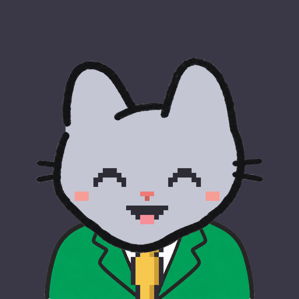Employee #2110 — a gray cat, in a green suit, with a gold tie, on charcoal