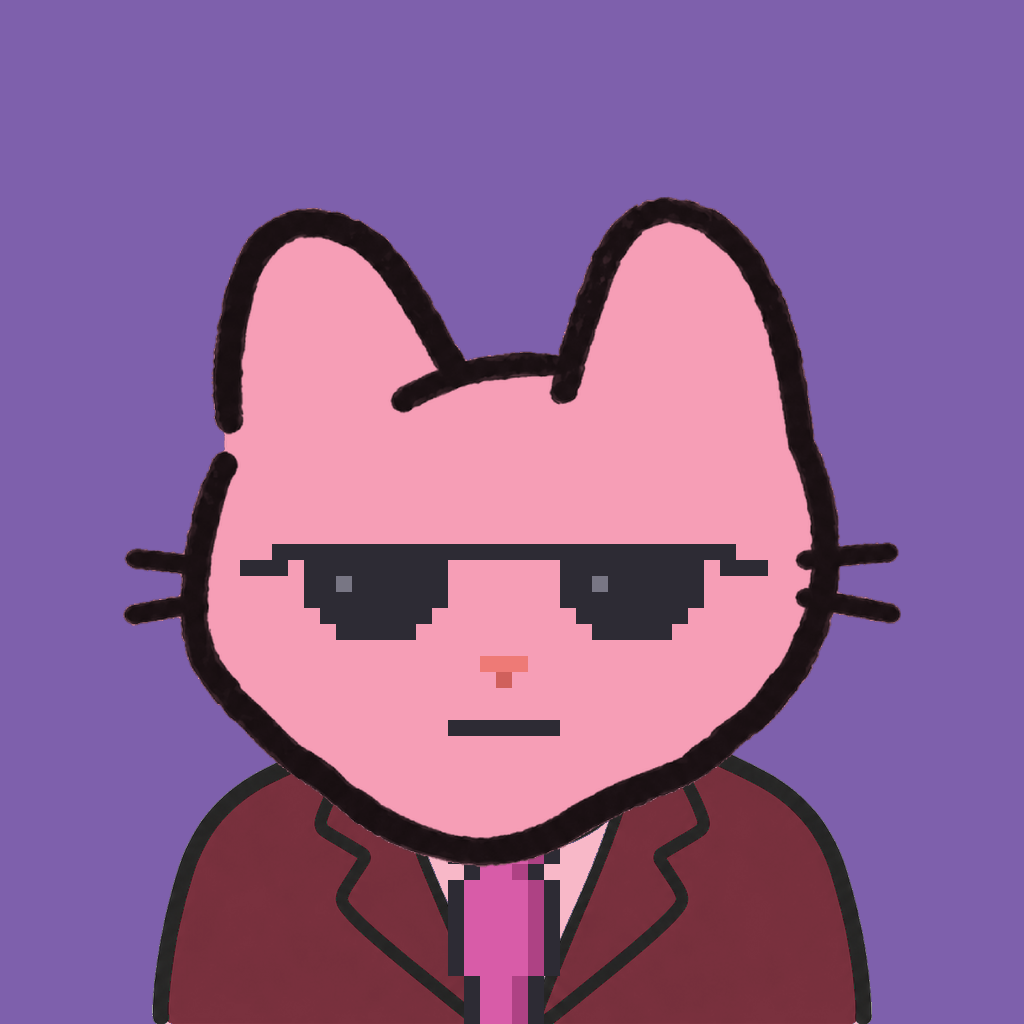 Employee #2111 — a pink cat, in a burgundy suit, with a magenta tie, wearing shades glasses, on plasma violet