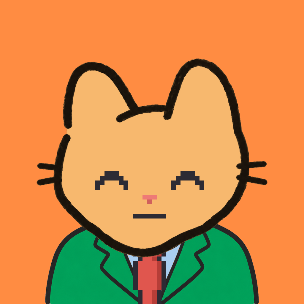 Employee #2112 — a tabby cat, in a green suit, with a red tie, on tangerine