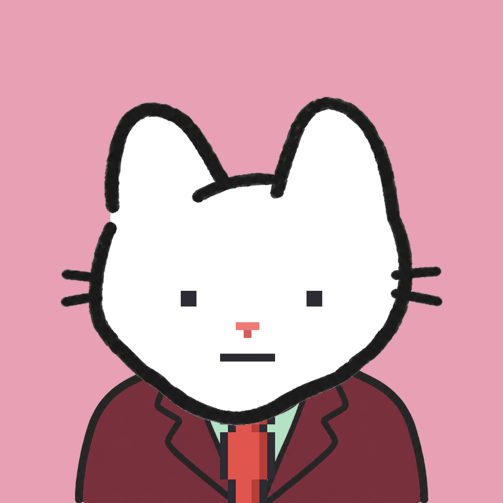 Employee #2113 — a white cat, in a burgundy suit, with a red tie, on rose