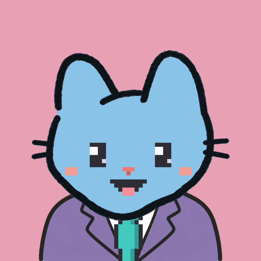 Employee #2114 — a sky cat, in a lavender suit, with a teal tie, on rose