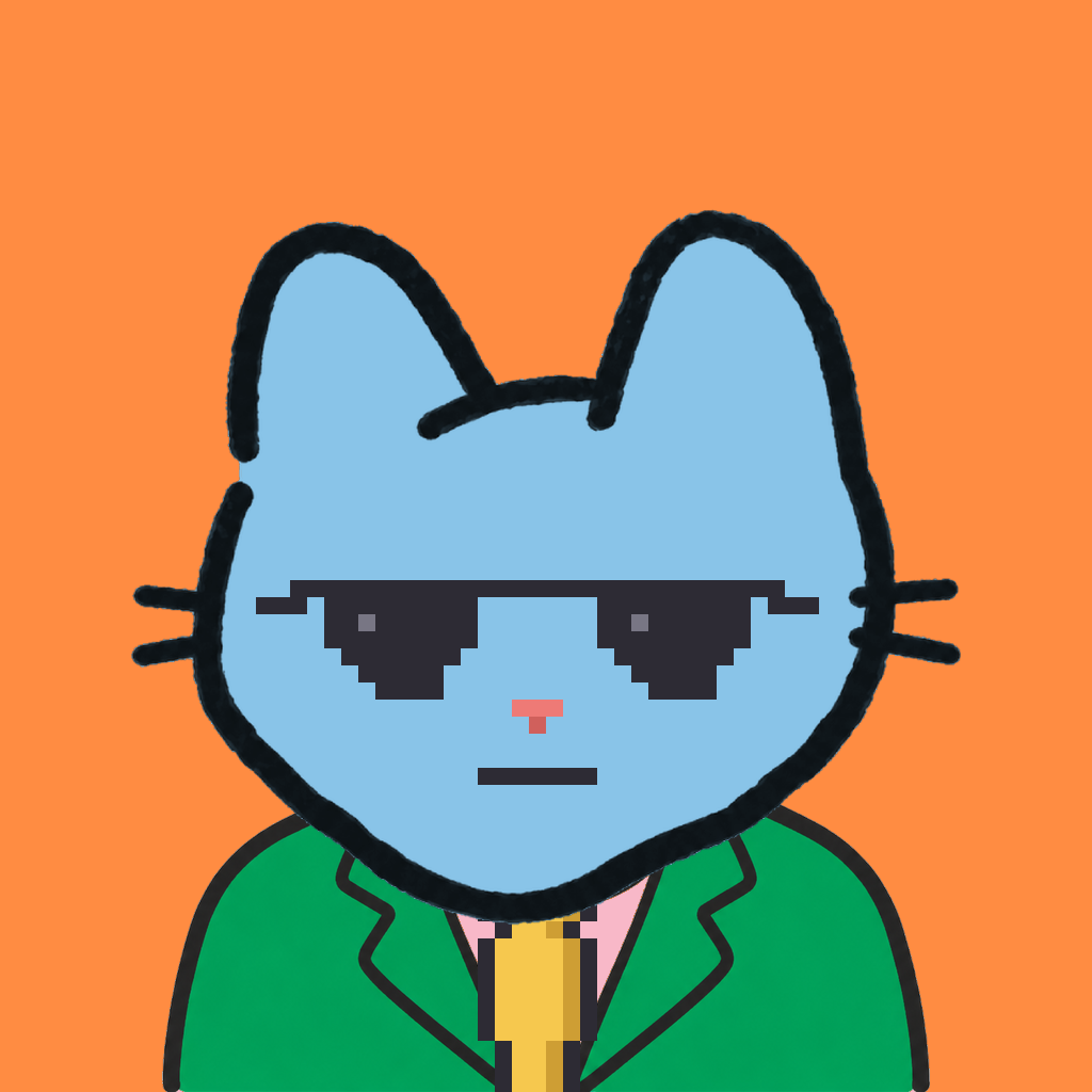 Employee #2115 — a sky cat, in a green suit, with a gold tie, wearing shades glasses, on tangerine