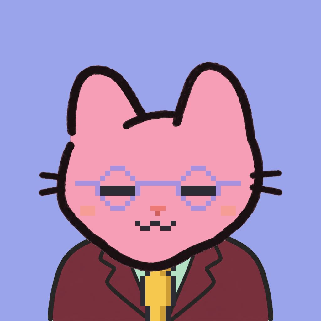 Employee #2116 — a pink cat, in a burgundy suit, with a gold tie, wearing round-lavender glasses, on periwinkle