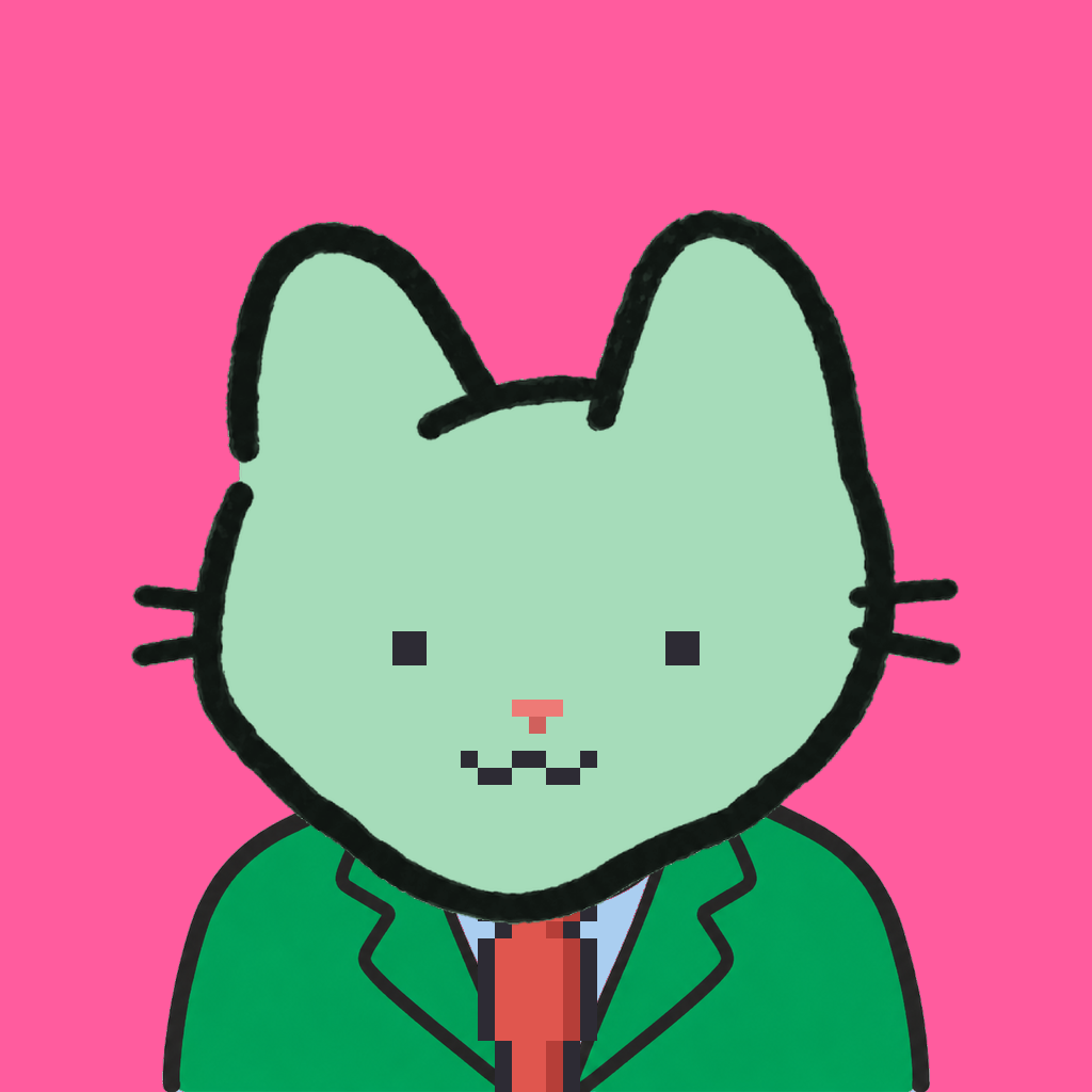 Employee #2117 — a mint cat, in a green suit, with a red tie, on hot pink