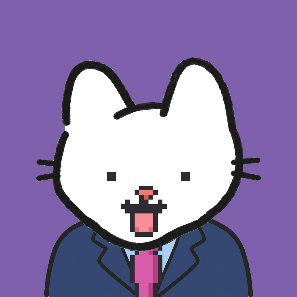 Employee #2118 — a white cat, in a navy suit, with a magenta tie, on plasma violet