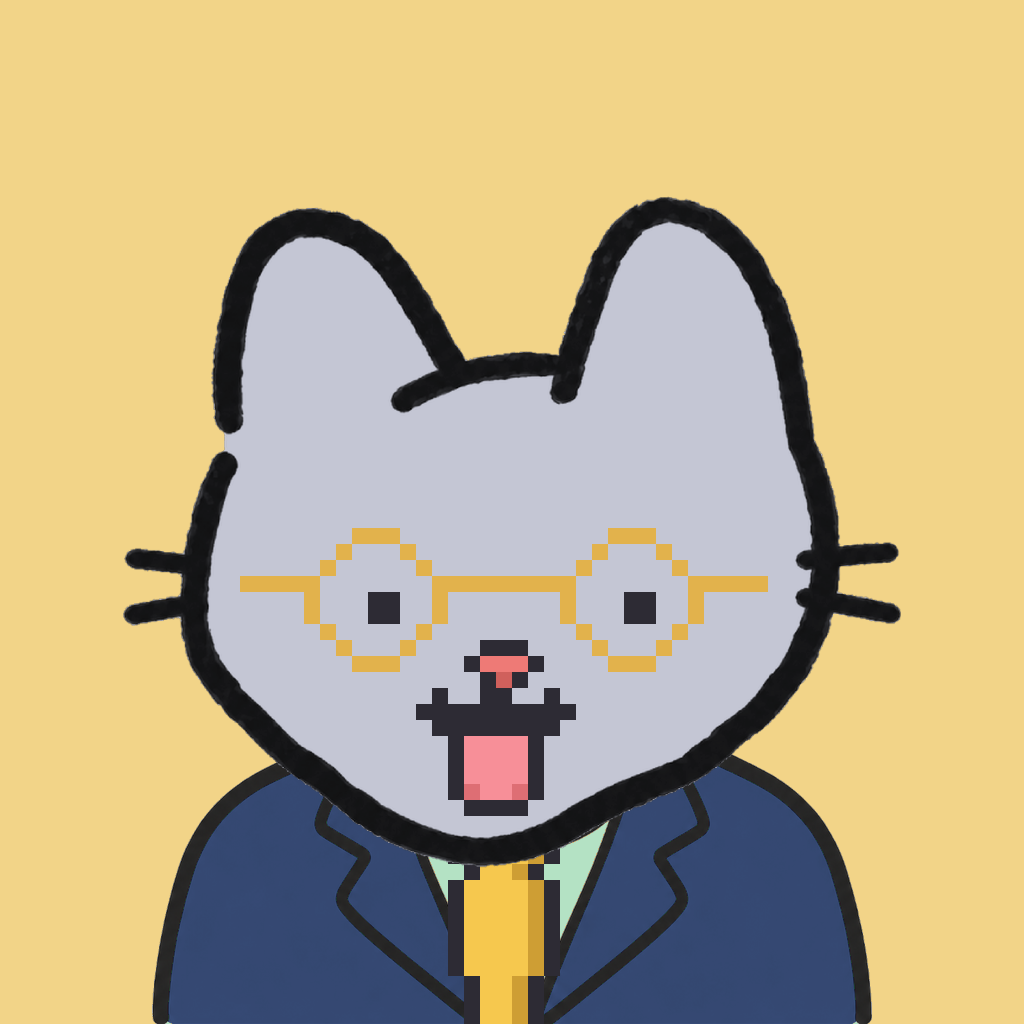Employee #2119 — a gray cat, in a navy suit, with a gold tie, wearing round-gold glasses, on butter