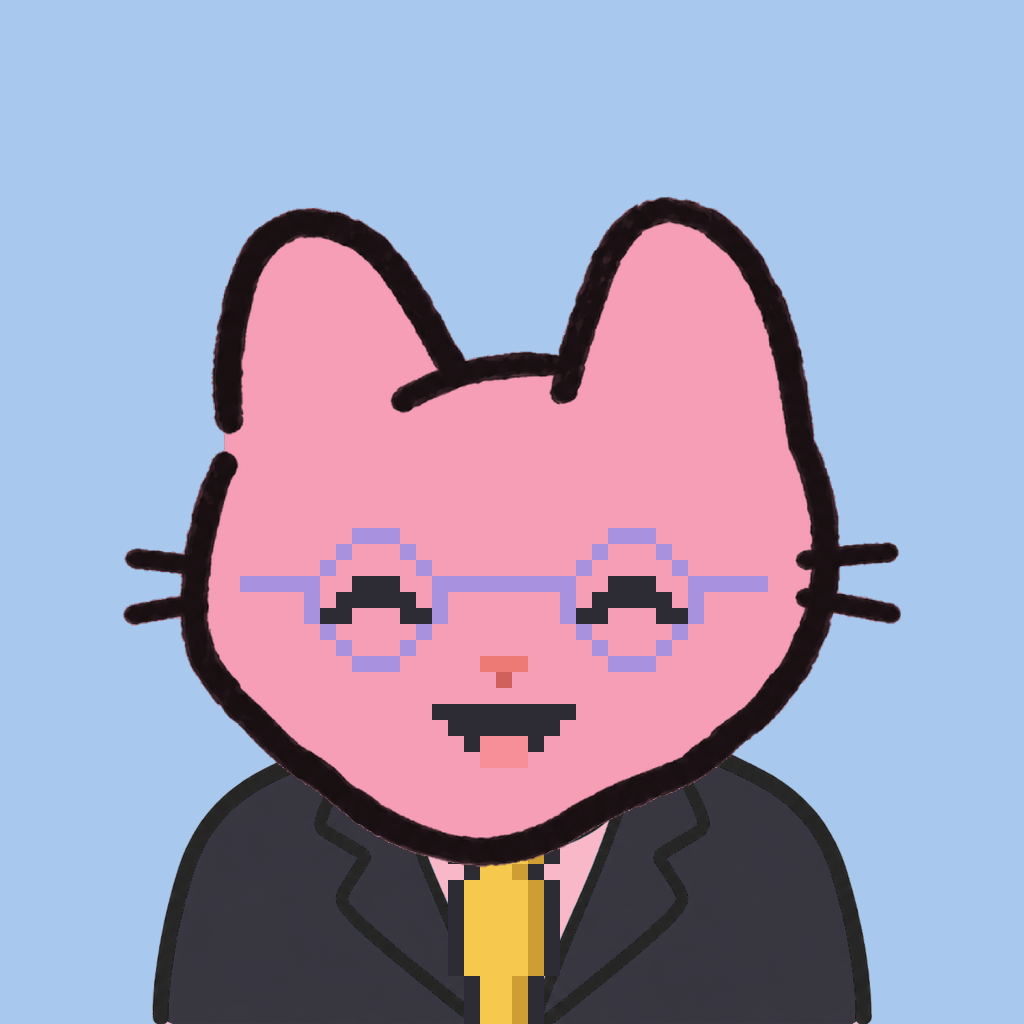 Employee #0212 — a pink cat, in a black suit, with a gold tie, wearing round-lavender glasses, on sky