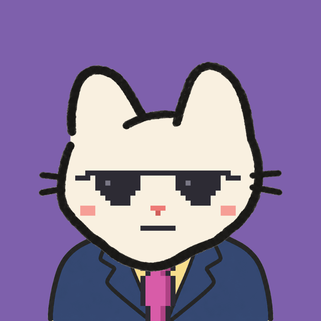 Employee #2120 — a cream cat, in a navy suit, with a magenta tie, wearing shades glasses, on plasma violet