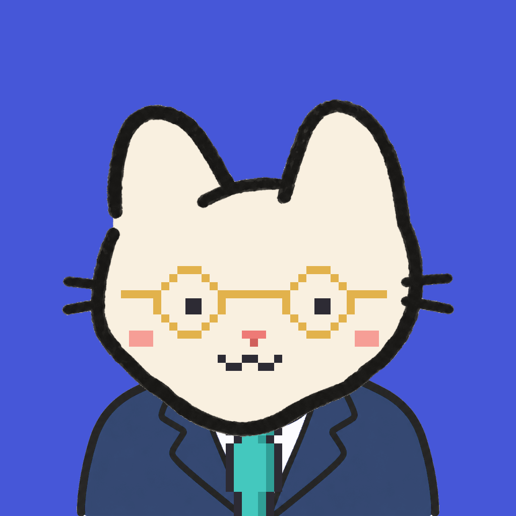 Employee #2121 — a cream cat, in a navy suit, with a teal tie, wearing round-gold glasses, on royal