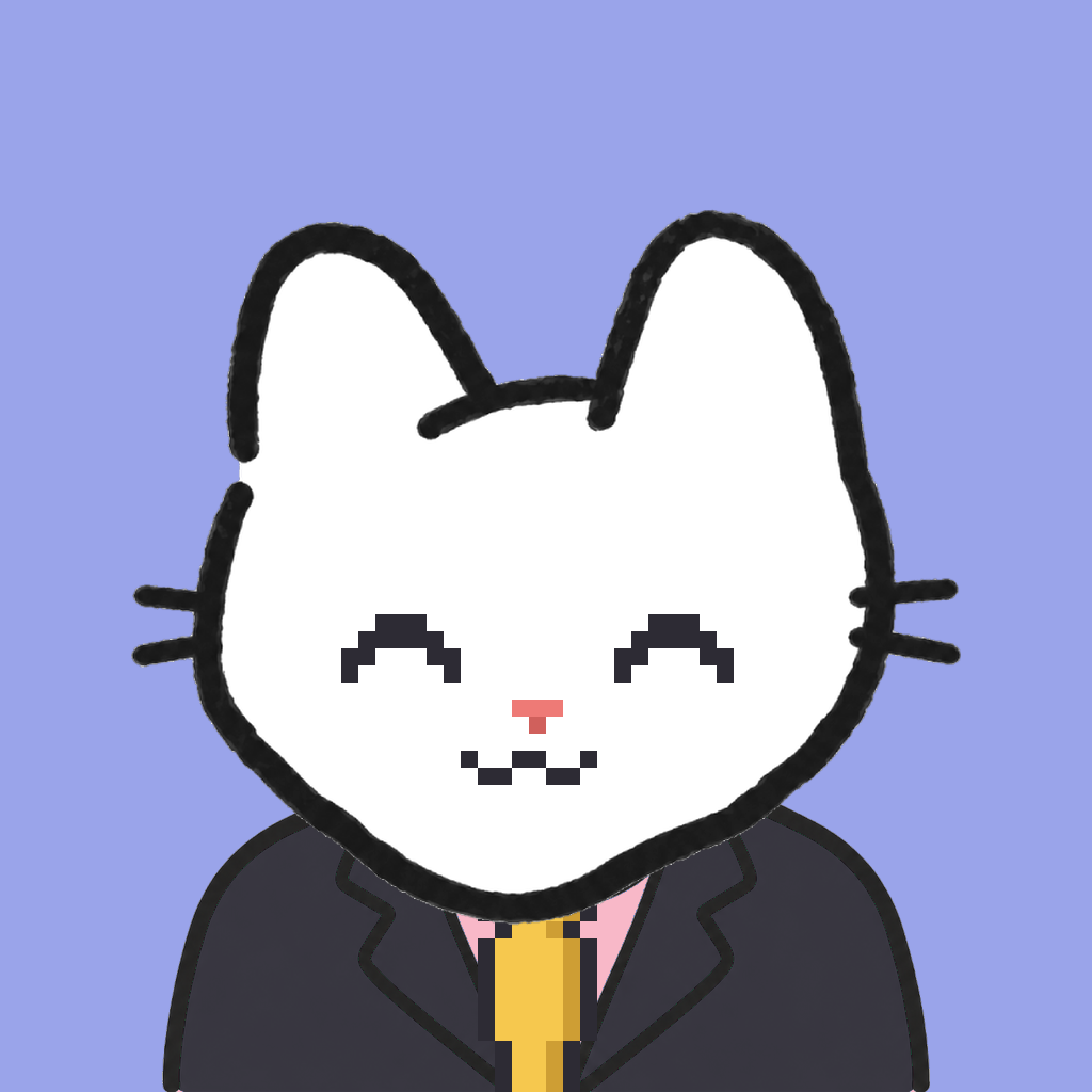 Employee #2122 — a white cat, in a black suit, with a gold tie, on periwinkle