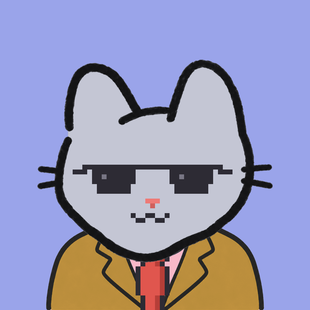 Employee #2123 — a gray cat, in a mustard suit, with a red tie, wearing shades glasses, on periwinkle