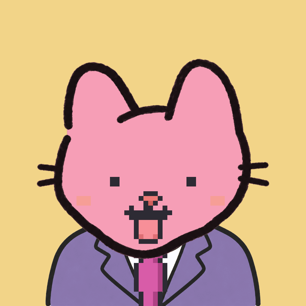 Employee #2125 — a pink cat, in a lavender suit, with a magenta tie, on butter