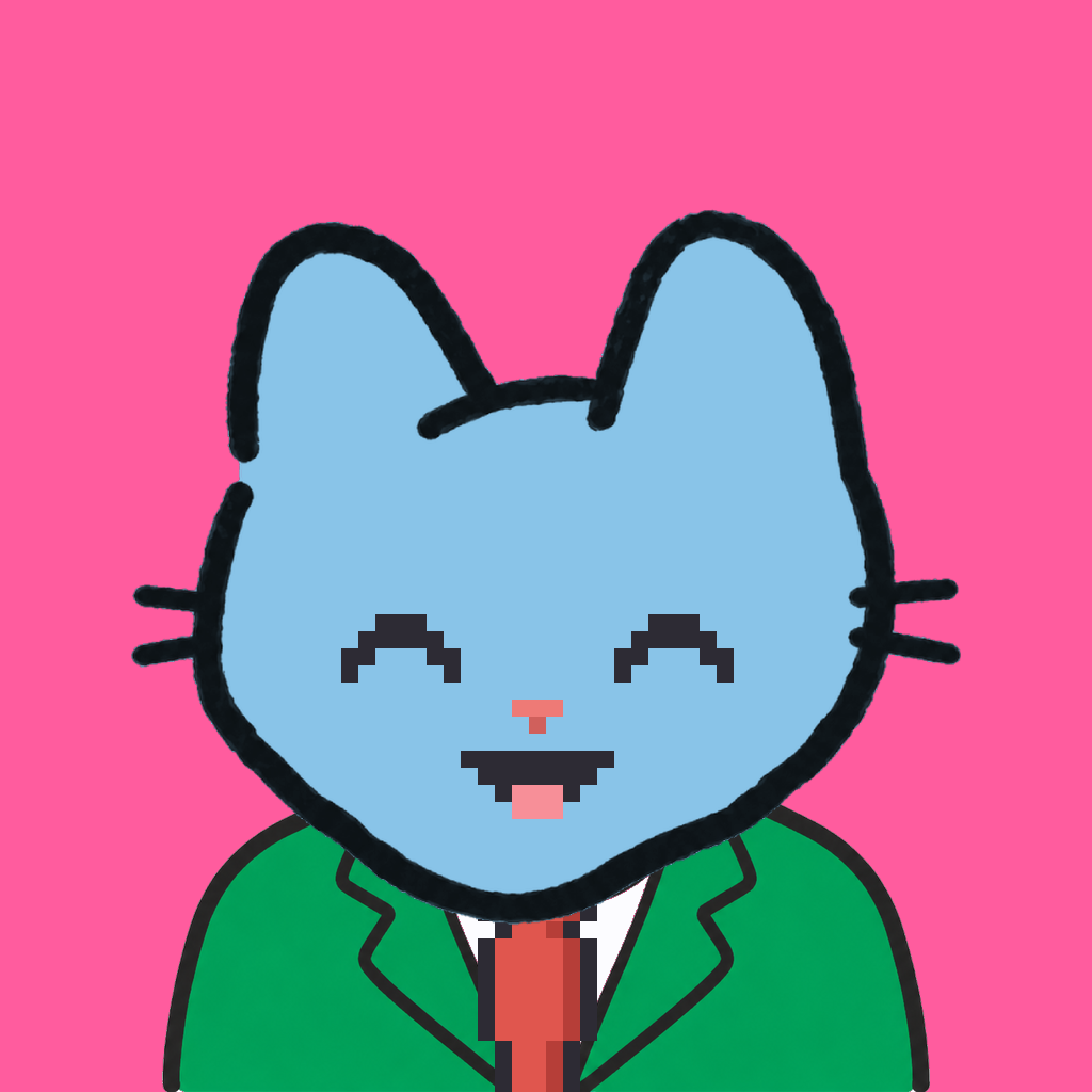Employee #2126 — a sky cat, in a green suit, with a red tie, on hot pink