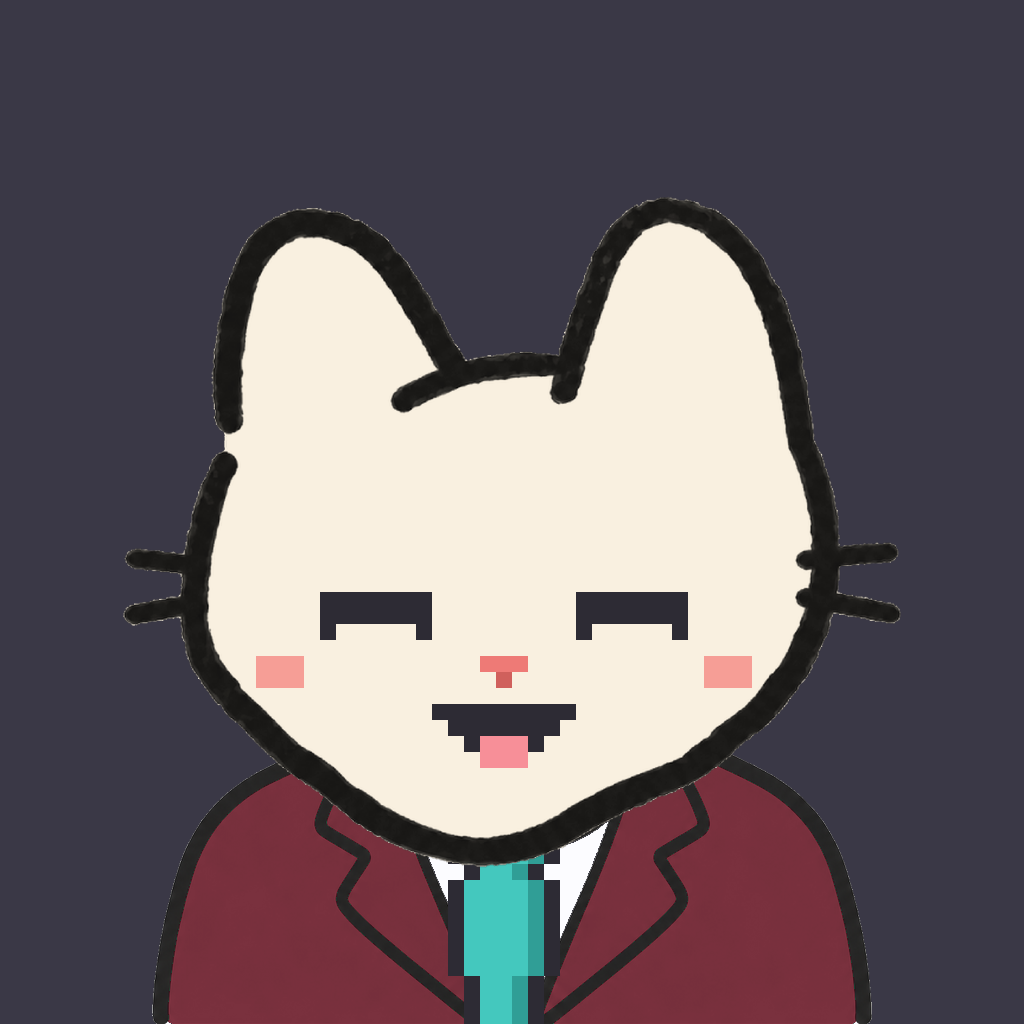 Employee #2127 — a cream cat, in a burgundy suit, with a teal tie, on charcoal