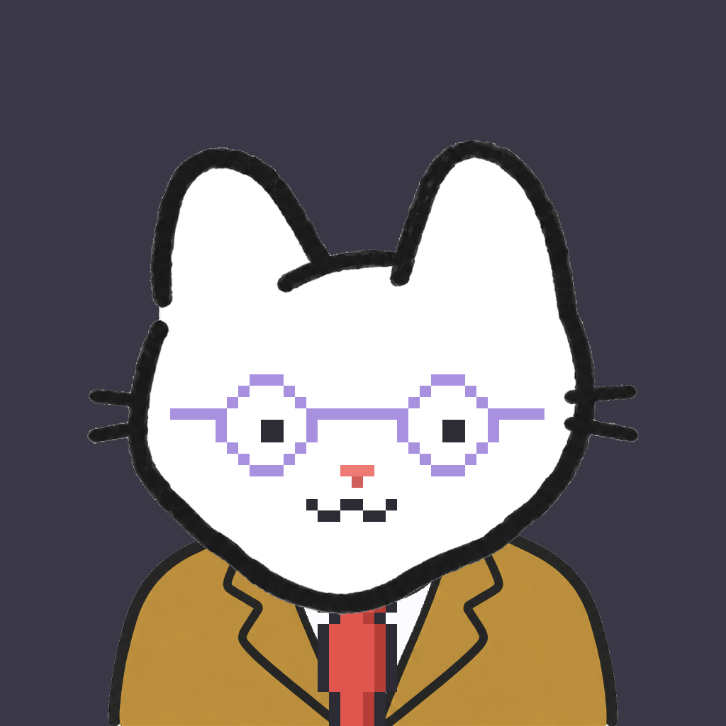 Employee #2128 — a white cat, in a mustard suit, with a red tie, wearing round-lavender glasses, on charcoal