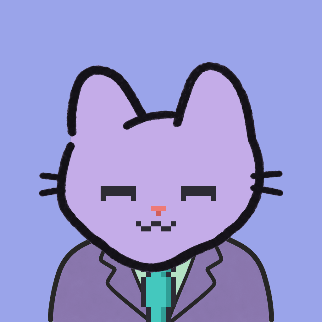 Employee #2129 — a lavender cat, in a lavender suit, with a teal tie, on periwinkle