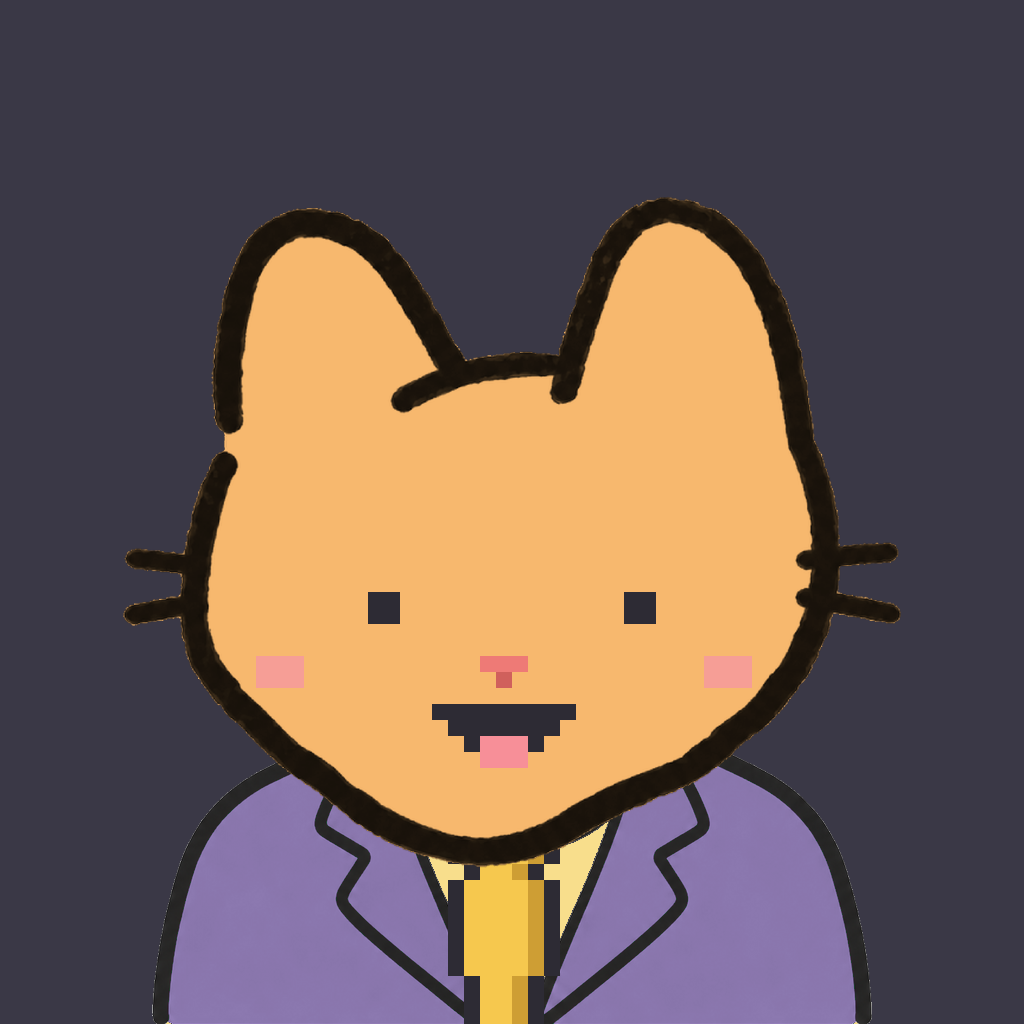 Employee #0213 — a tabby cat, in a lavender suit, with a gold tie, on charcoal