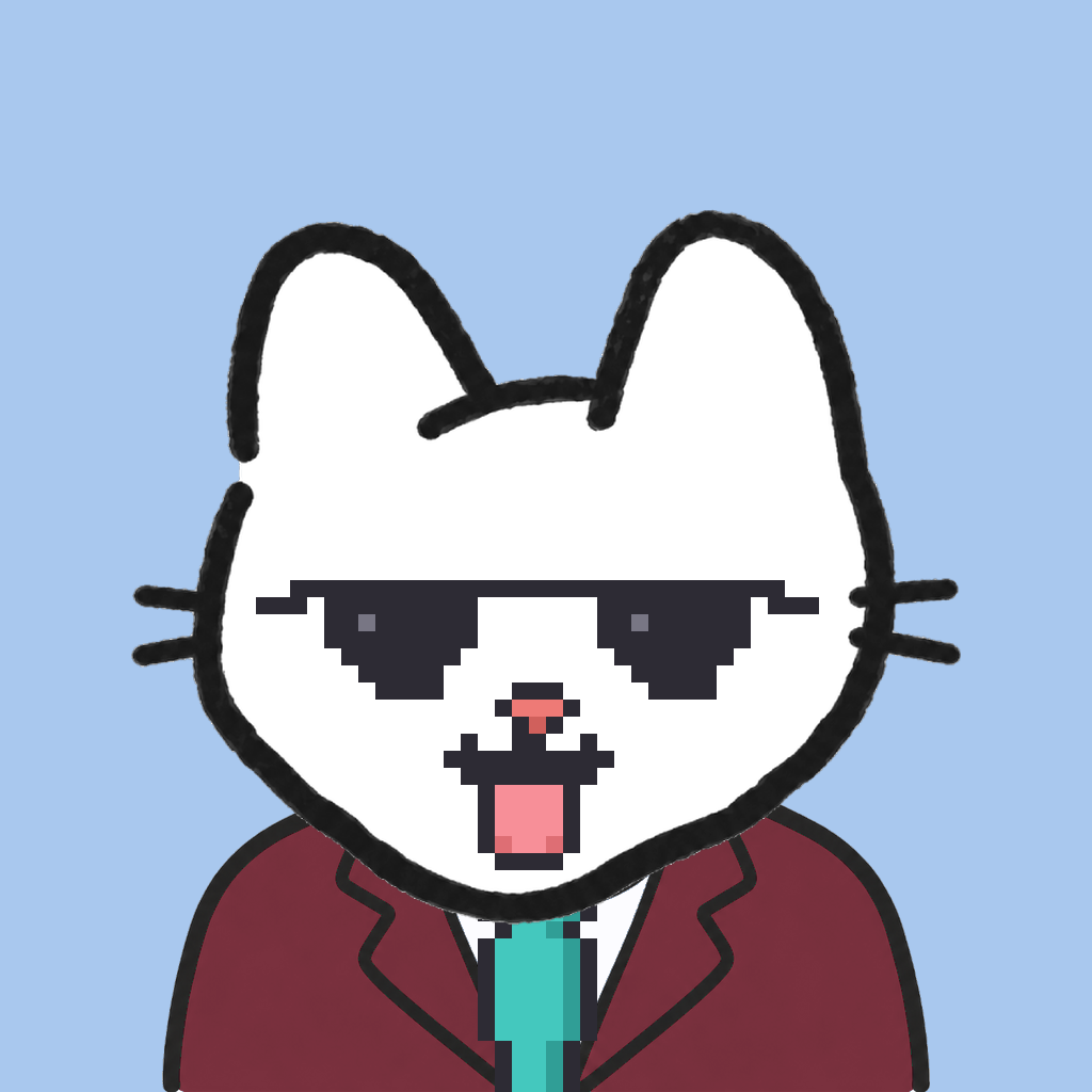 Employee #2130 — a white cat, in a burgundy suit, with a teal tie, wearing shades glasses, on sky