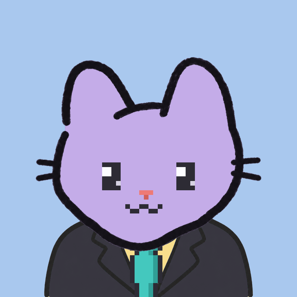 Employee #2131 — a lavender cat, in a black suit, with a teal tie, on sky