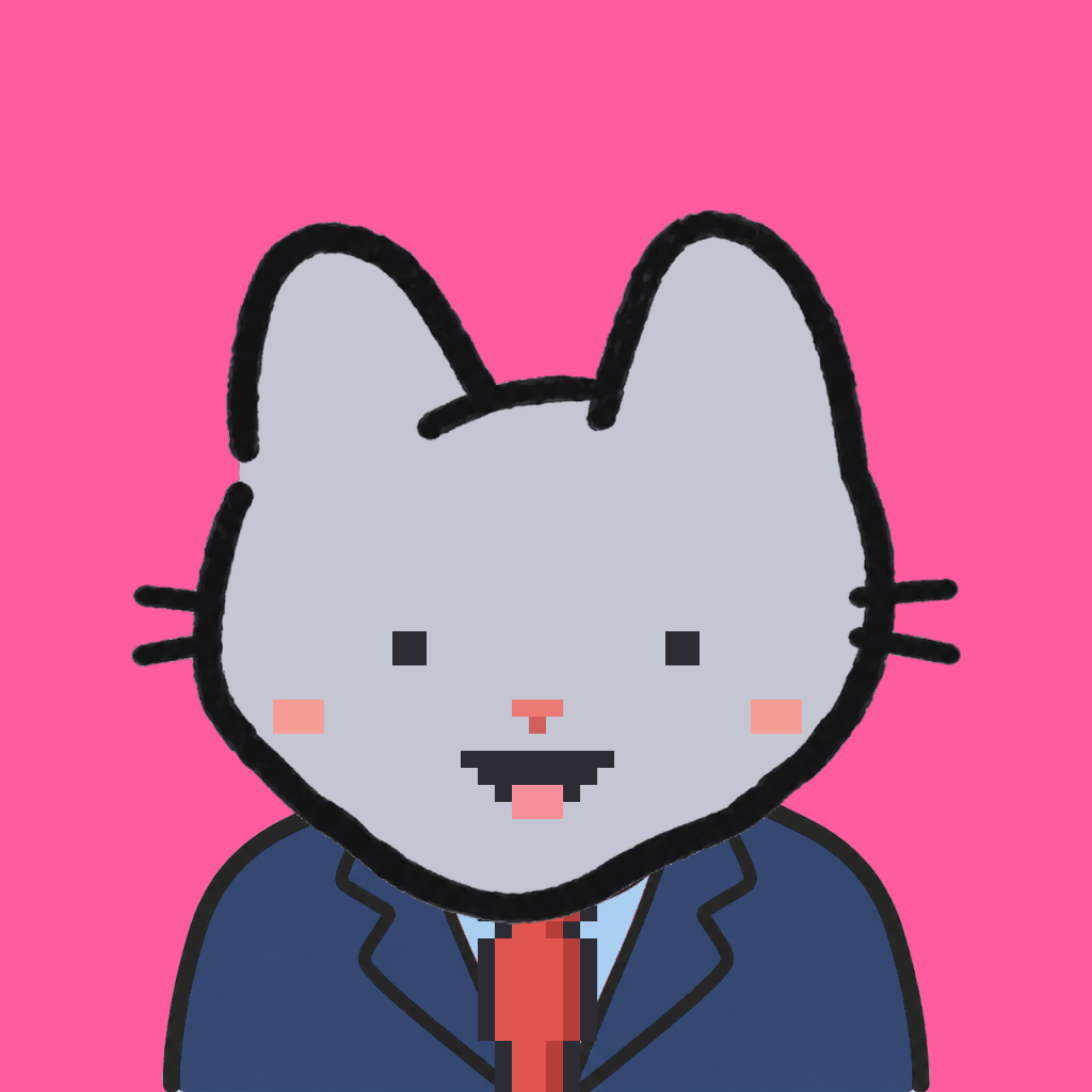 Employee #2132 — a gray cat, in a navy suit, with a red tie, on hot pink